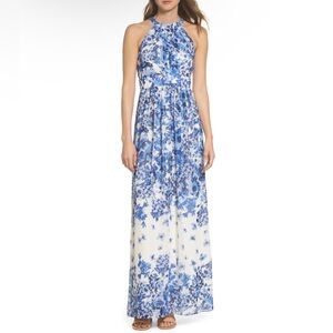 Eliza J Blue & White Floral Halter Neck Maxi Dress Wedding Party Spring Size 14